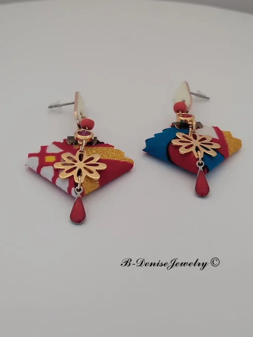 Original boucles Puce en resine  !! DIAMOND FLOWER DROP !! En Acier Resine tissu wax T:3.5cmx 6.5cm 