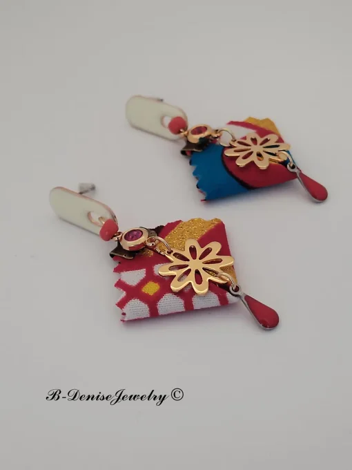 Original boucles Puce en resine  !! DIAMOND FLOWER DROP !! En Acier Resine tissu wax T:3.5cmx 6.5cm 