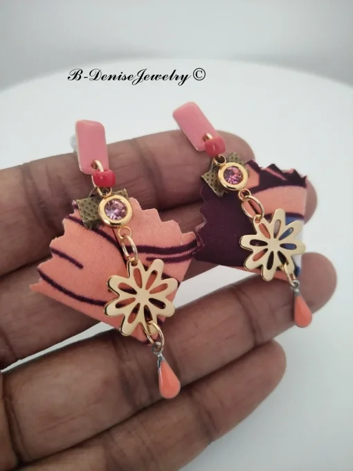 Original boucles Puce en resine  !! DIAMOND FLOWER DROP !! En Acier Resine tissu wax T:3.5cm x 6cm