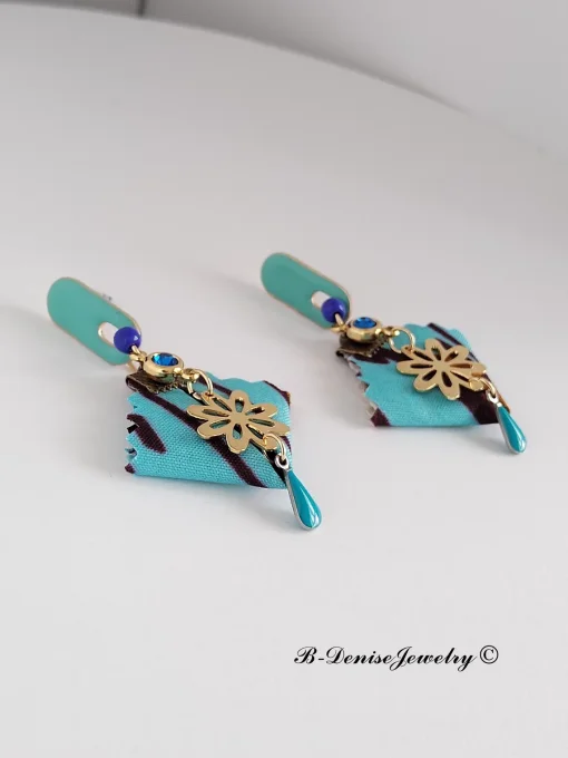 Original boucles Puce en resine !! DIAMOND FLOWER DROP !! En Acier Resine tissu wax T:3.5cm x 6.5cm 