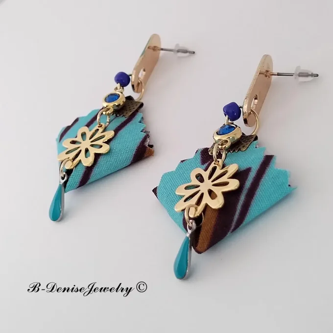 Original boucles Puce en resine !! DIAMOND FLOWER DROP !! En Acier Resine tissu wax T:3.5cm x 6.5cm 