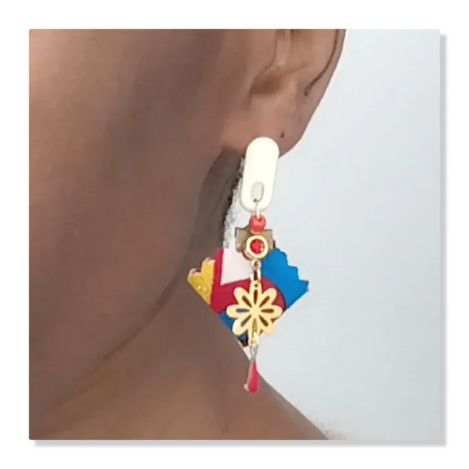Original boucles Puce en resine  !! DIAMOND FLOWER DROP !! En Acier Resine tissu wax T:3.5cmx 6.5cm 