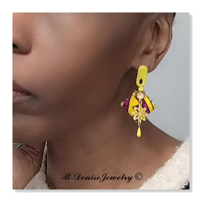 Original boucles Puce en resine !! DIAMOND FLOWER DROP !! En Acier Resine tissu wax T:3.5cm x 6.5cm 