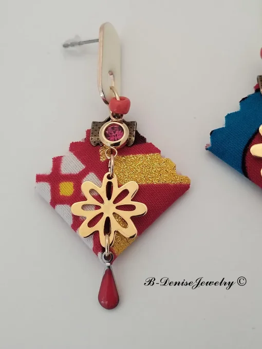 Original boucles Puce en resine  !! DIAMOND FLOWER DROP !! En Acier Resine tissu wax T:3.5cmx 6.5cm 