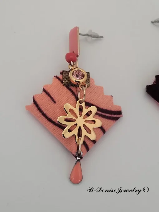 Original boucles Puce en resine  !! DIAMOND FLOWER DROP !! En Acier Resine tissu wax T:3.5cm x 6cm