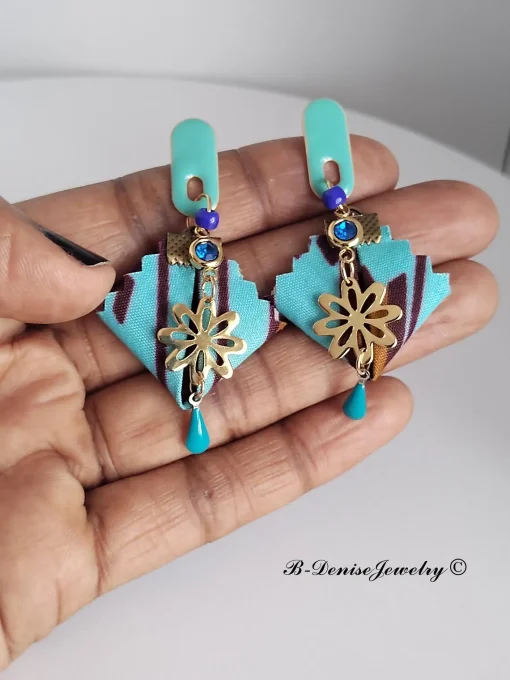 Original boucles Puce en resine !! DIAMOND FLOWER DROP !! En Acier Resine tissu wax T:3.5cm x 6.5cm 