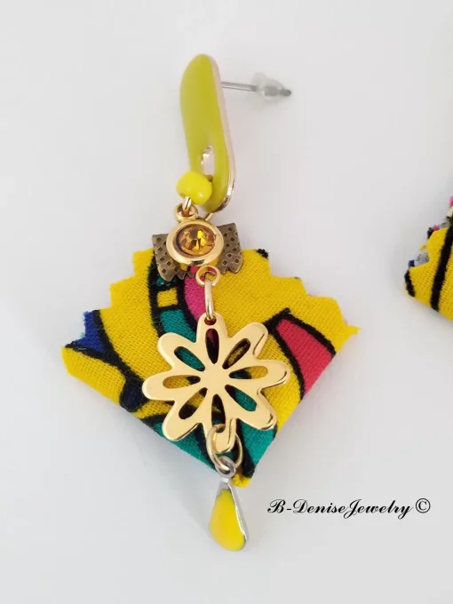 Original boucles Puce en resine !! DIAMOND FLOWER DROP !! En Acier Resine tissu wax T:3.5cm x 6.5cm 