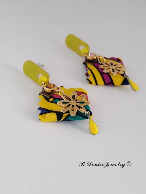 Original boucles Puce en resine !! DIAMOND FLOWER DROP !! En Acier Resine tissu wax T:3.5cm x 6.5cm 