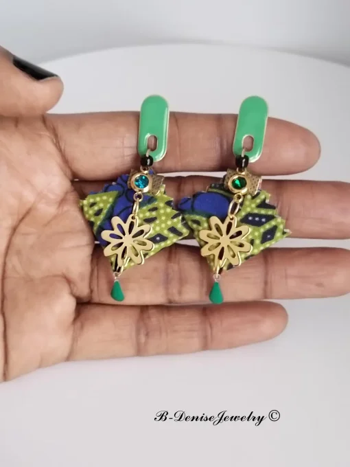 Original boucles Puce en resine !!DIAMOND FLOWER DROP !! En Acier Resine tissu wax T:3.5cm x 6.5cm 