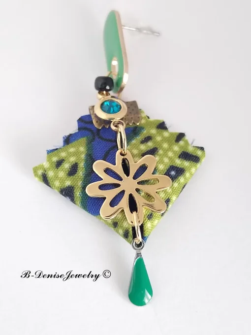 Original boucles Puce en resine !!DIAMOND FLOWER DROP !! En Acier Resine tissu wax T:3.5cm x 6.5cm 