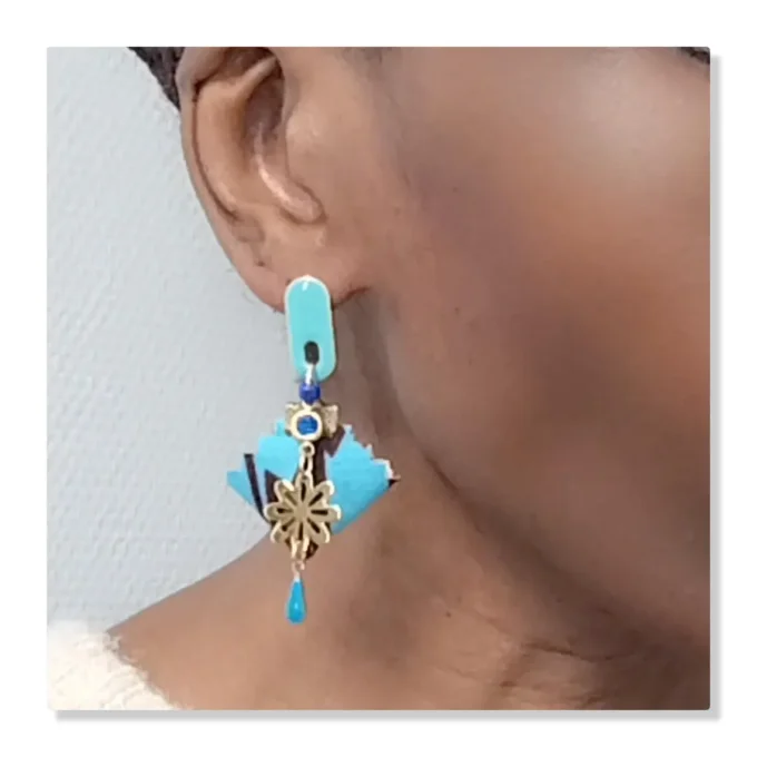 Original boucles Puce en resine !! DIAMOND FLOWER DROP !! En Acier Resine tissu wax T:3.5cm x 6.5cm 