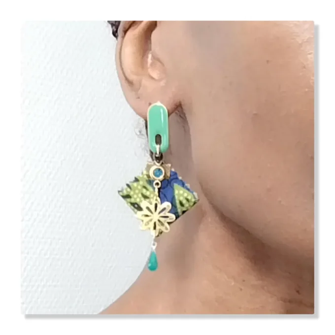 Original boucles Puce en resine !!DIAMOND FLOWER DROP !! En Acier Resine tissu wax T:3.5cm x 6.5cm 