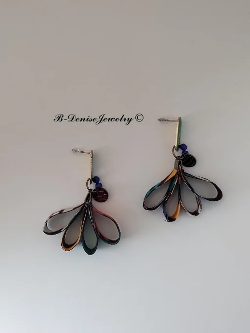 Originales Boucles d'orielles Puce ethnic !! TULIPS !! en tissu wax bois et acier T: 5.5cm x 3cm - C