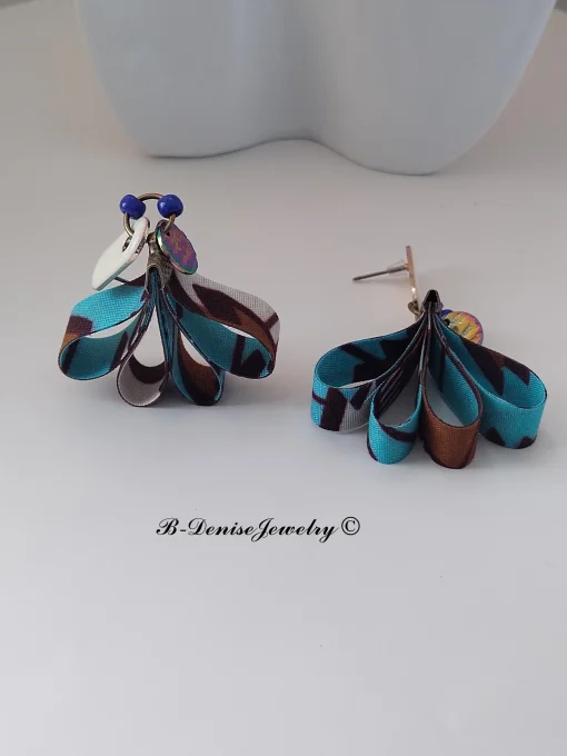 Originales Boucles d'orielles Puce ethnic !! TULIPS !! en tissu wax bois et acier T: 5.5cm x 3cm - C