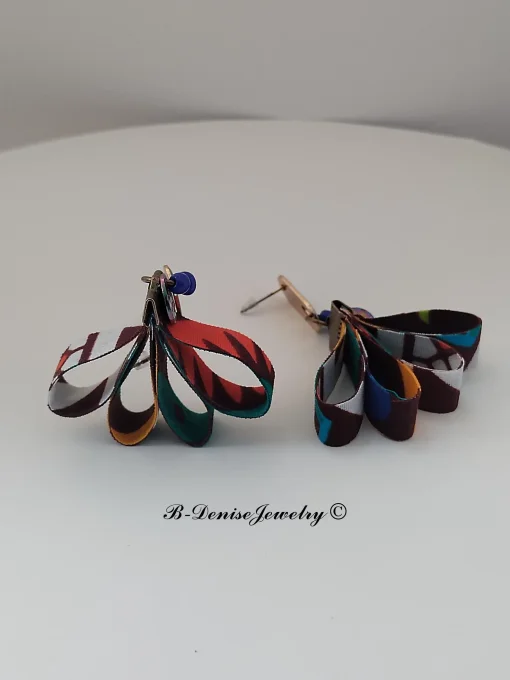 Originales Boucles d'orielles Puce ethnic !! TULIPS !! en tissu wax bois et acier T: 5.5cm x 3cm - C