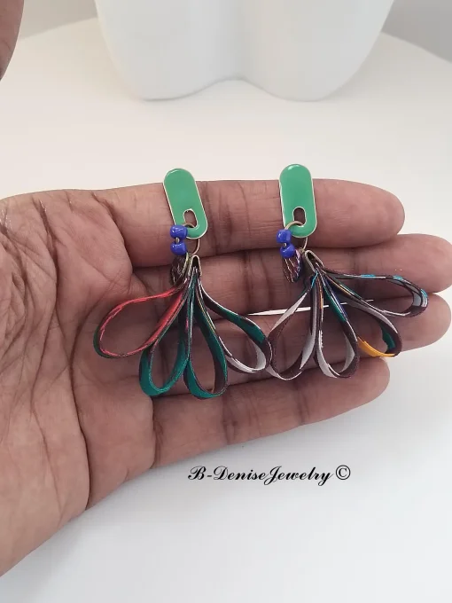 Originales Boucles d'orielles Puce ethnic !! TULIPS !! en tissu wax bois et acier T: 5.5cm x 3cm - C