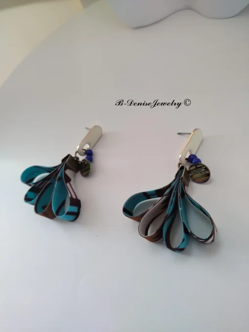 Originales Boucles d'orielles Puce ethnic !! TULIPS !! en tissu wax bois et acier T: 5.5cm x 3cm - C