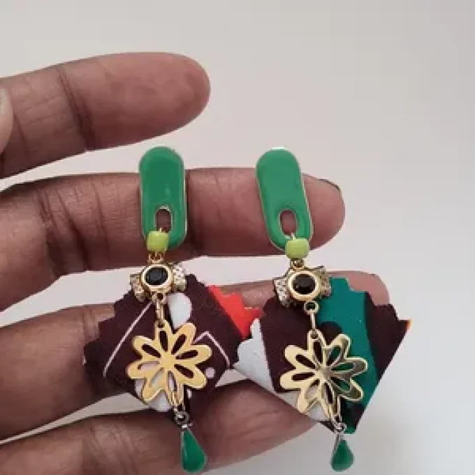 Original boucles Puce en resine  !! DIAMOND FLOWER DROP !! En Acier Resine tissu wax T:3.5cm x 6.5cm