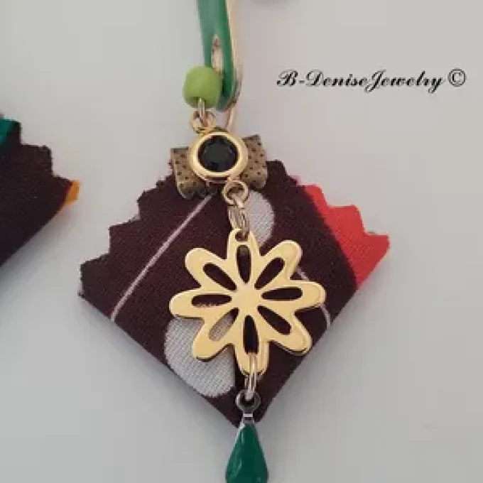 Original boucles Puce en resine  !! DIAMOND FLOWER DROP !! En Acier Resine tissu wax T:3.5cm x 6.5cm