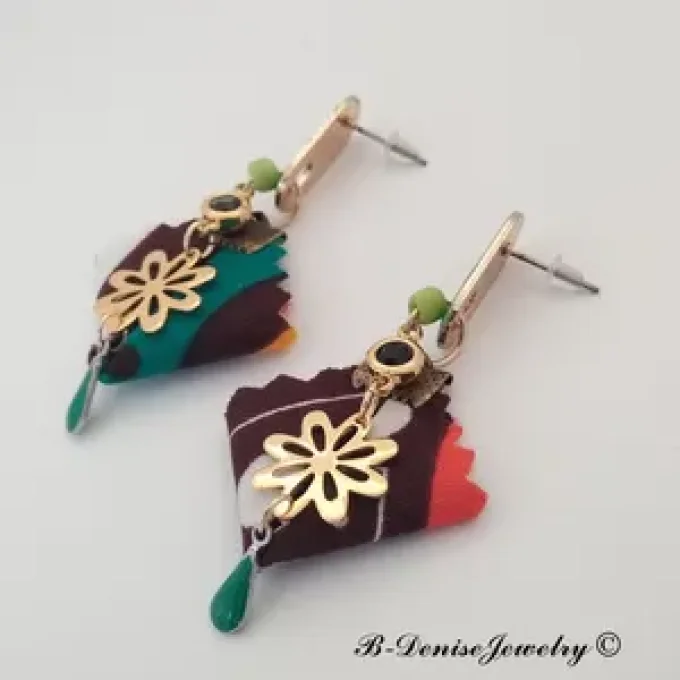 Original boucles Puce en resine  !! DIAMOND FLOWER DROP !! En Acier Resine tissu wax T:3.5cm x 6.5cm
