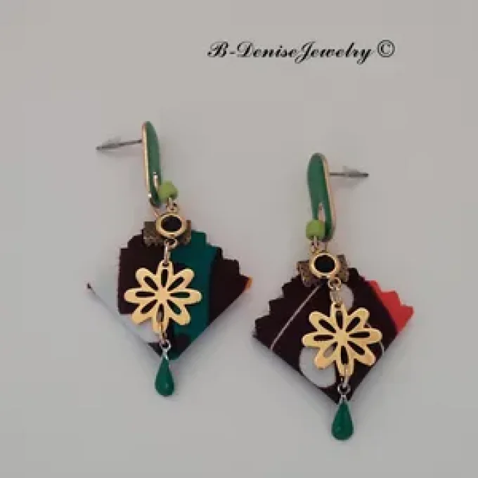 Original boucles Puce en resine  !! DIAMOND FLOWER DROP !! En Acier Resine tissu wax T:3.5cm x 6.5cm