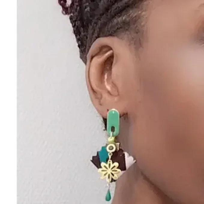 Original boucles Puce en resine  !! DIAMOND FLOWER DROP !! En Acier Resine tissu wax T:3.5cm x 6.5cm