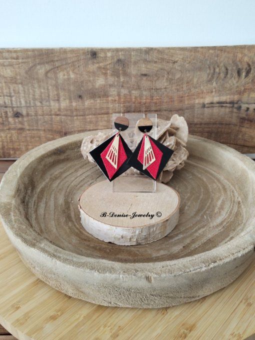 Original boucles d'oreilles Puce en bois resine !! INNER DIAMOND !! En Cuir Noir Rouge Noir T:5.5cm 