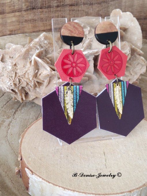 Original boucles d'oreilles Puce en bois et resine !!HEXAGONE!! En Cuir Rouge Noir Dore T:7cm x 3.5