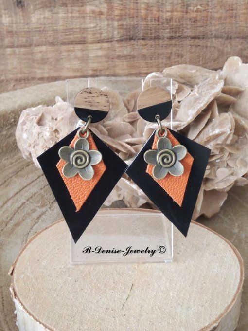 Original boucles d'oreilles Puce en bois resine !!DIAMOND FLOWER!! En Cuir Noir Orange et Bronze 