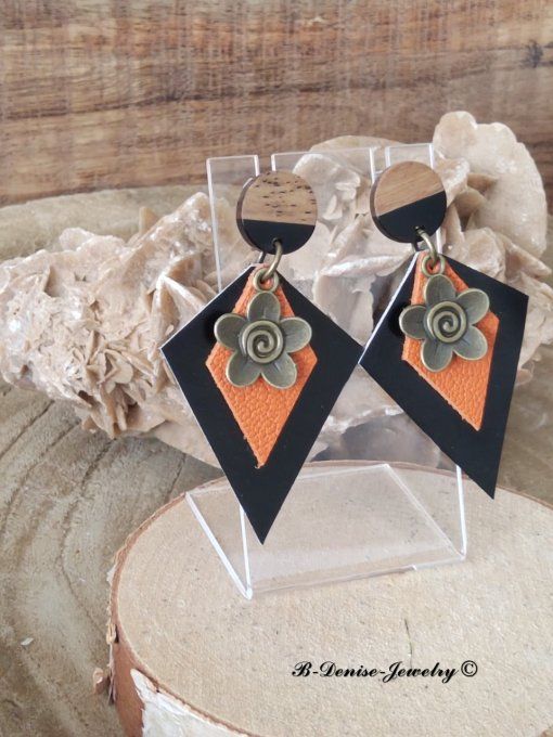 Original boucles d'oreilles Puce en bois resine !!DIAMOND FLOWER!! En Cuir Noir Orange et Bronze 