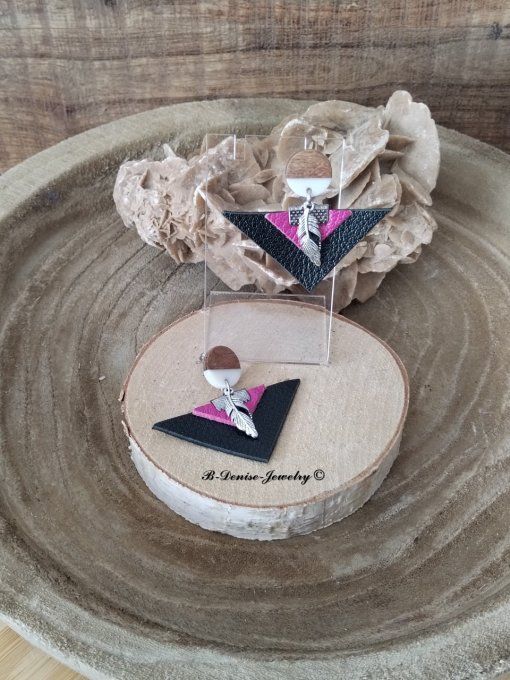 Original boucles d'oreilles Puce en bois resine Blanc Marron !! TRIANGLE !! En Cuir Noir Violet 