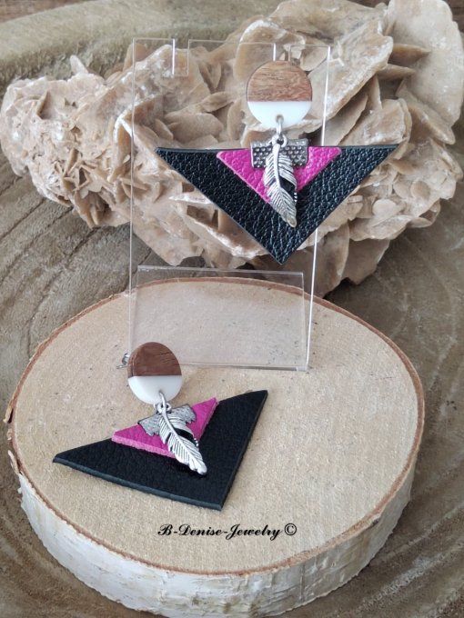 Original boucles d'oreilles Puce en bois resine Blanc Marron !! TRIANGLE !! En Cuir Noir Violet 