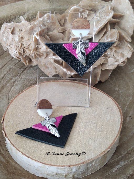 Original boucles d'oreilles Puce en bois resine Blanc e Marron !! TRIANGLE !! En Cuir Noir Violet 