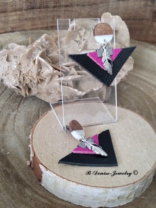 Original boucles d'oreilles Puce en bois resine Blanc Marron !! TRIANGLE !! En Cuir Noir Violet 