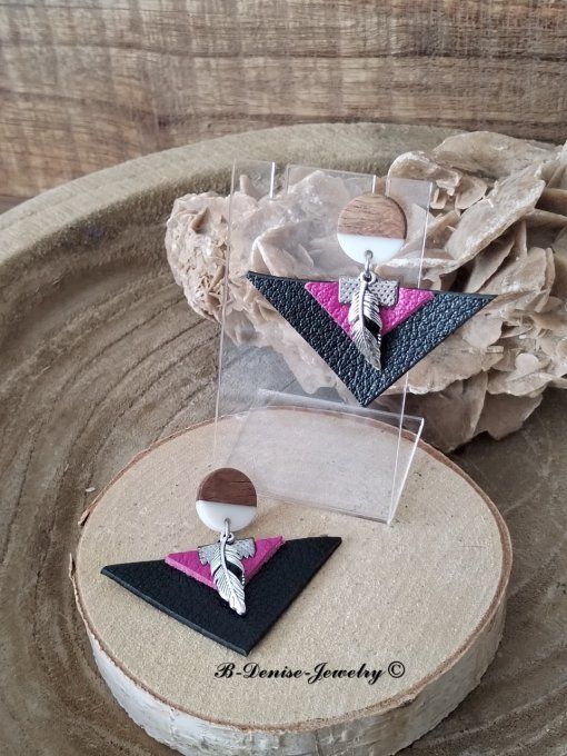 Original boucles d'oreilles Puce en bois resine Blanc Marron !! TRIANGLE !! En Cuir Noir Violet 
