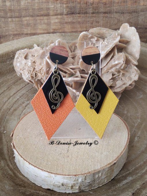 Original boucles d'oreilles Puce en bois resine !! MUSIC !! En Cuir Noir Orange jaune et Bronze T:7