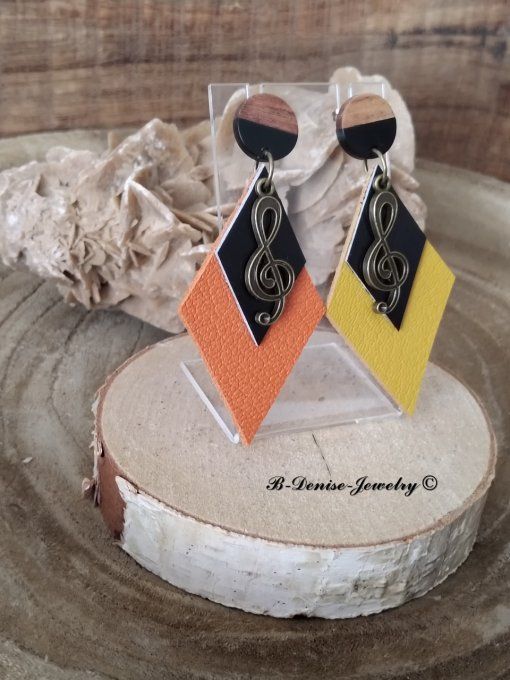 Original boucles d'oreilles Puce en bois resine !! MUSIC !! En Cuir Noir Orange jaune et Bronze T:7