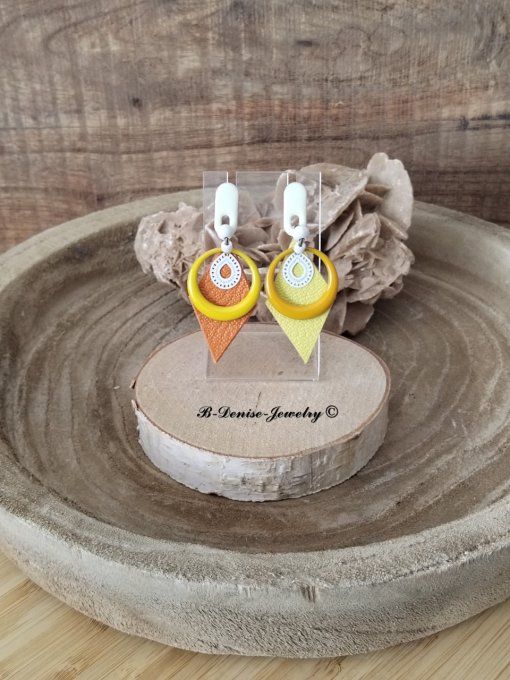 Original boucles d'oreilles Puce !!DIAMOND TEARDROP!! En Cuir Resine Emaille Orange Jaune T:6cm x 3c