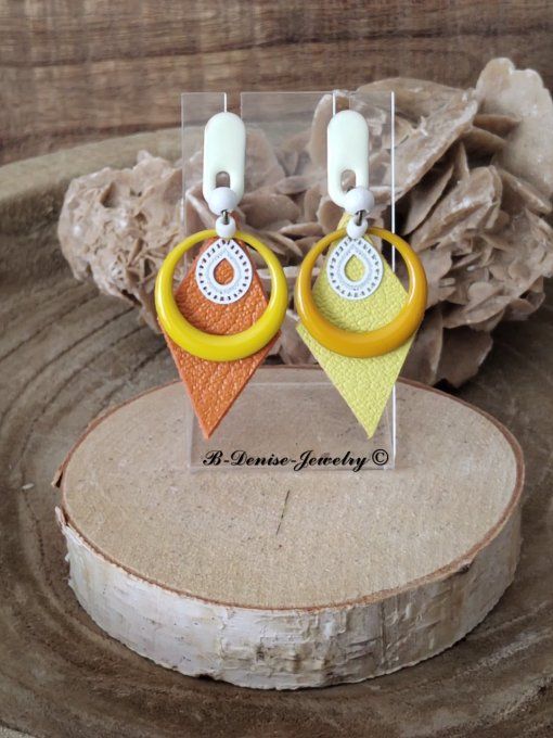 Original boucles d'oreilles Puce !!DIAMOND TEARDROP!! En Cuir Resine Emaille Orange Jaune T:6cm x 3