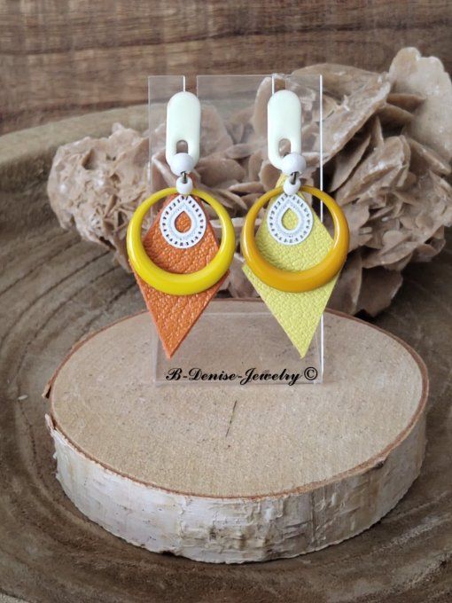 Original boucles d'oreilles Puce !!DIAMOND TEARDROP!! En Cuir Resine Emaille Orange Jaune T:6cm x 3c