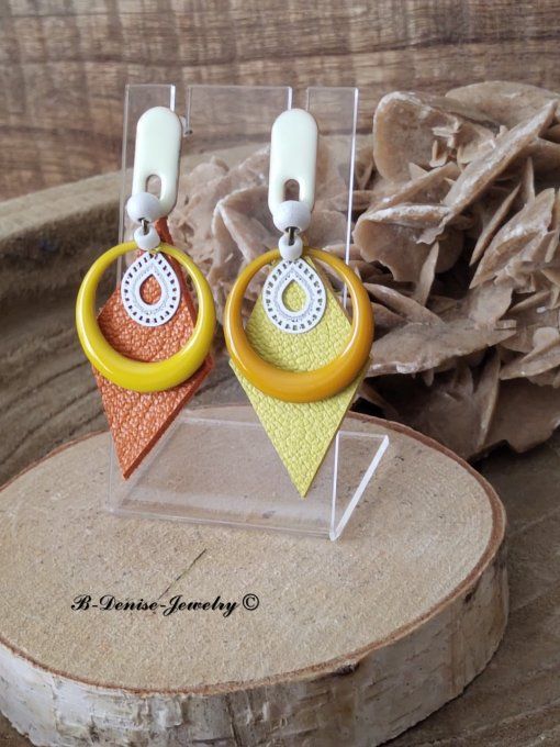 Original boucles d'oreilles Puce !!DIAMOND TEARDROP!! En Cuir Resine Emaille Orange Jaune T:6cm x 3