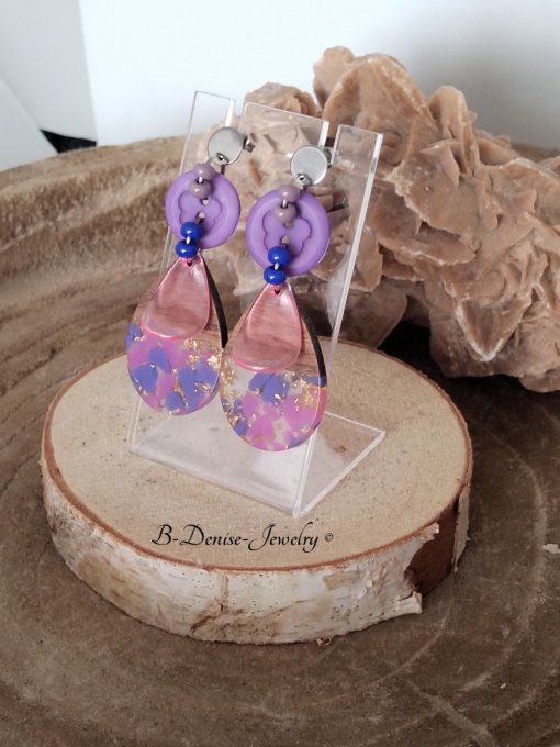 Original boucles d'oreilles Puce Acier !! TEARDROP !! violet rose T:6cm x 2.5cm b-denise-jewelry