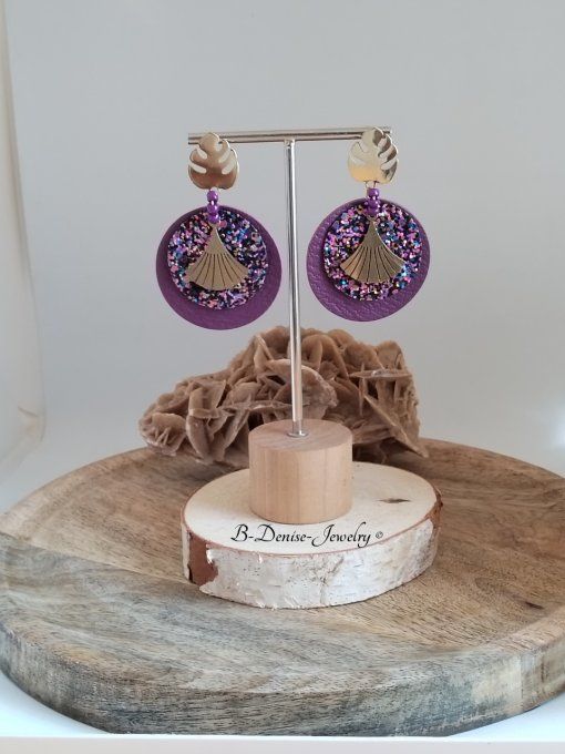 Original boucles Puce Feuille de Monstera plaque Or 18KT !!MONSTERA!! En Cuir du chevre et Acier 