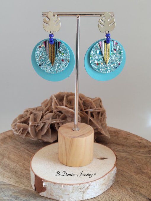 Original boucles Puce Feuille de Monstera plaque Or 18KT !!MONSTERA!! En Cuir du chevre et Acier 
