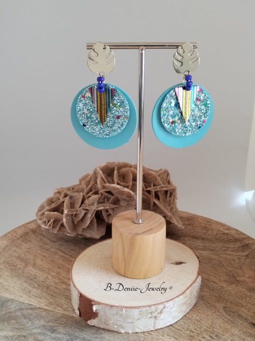 Original boucles Puce Feuille de Monstera plaque Or 18KT !!MONSTERA!! En Cuir du chevre et Acier 