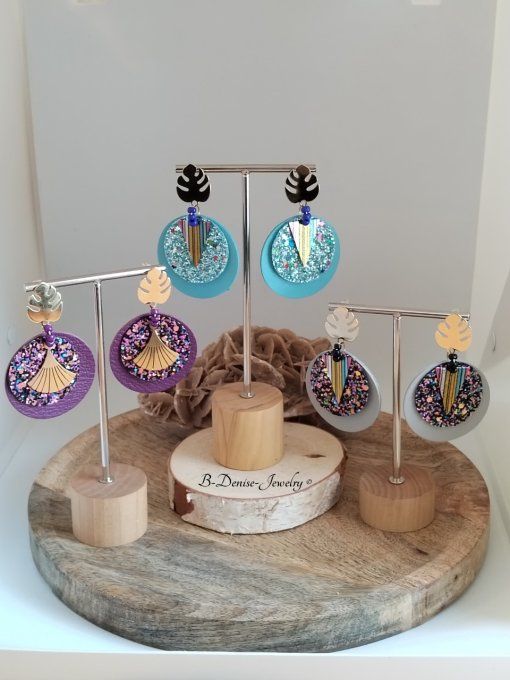 Original boucles Puce Feuille de Monstera plaque Or 18KT !!MONSTERA!! En Cuir du chevre et Acier 