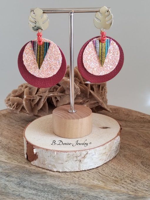Original boucles Puce Feuille de Monstera plaque Or 18KT !!MONSTERA!! En Cuir du chevre et Acier 