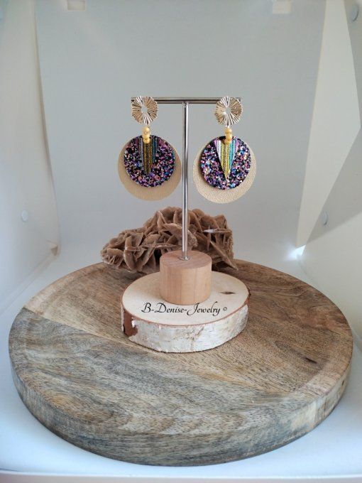 Original boucles Puce Forme Soleil Ondulé plaque Or 14KT En Cuir et Acier inoxydable Dore T:6cm x 4