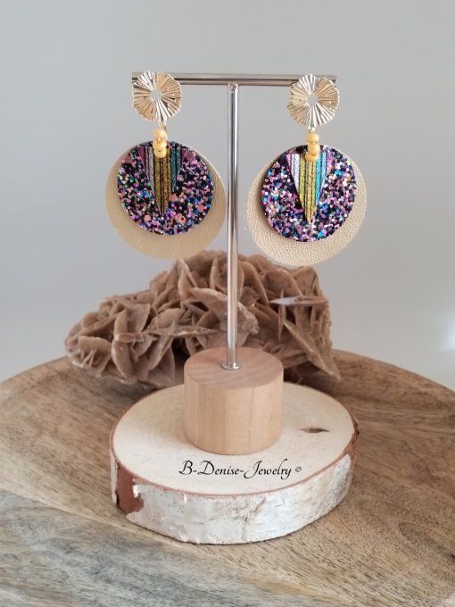 Original boucles Puce Forme Soleil Ondulé plaque Or 14KT En Cuir et Acier inoxydable Dore T:6cm x 4