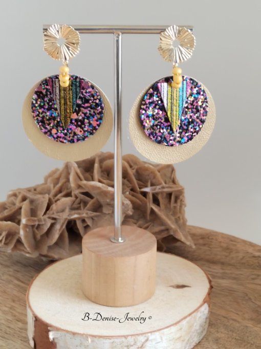Original boucles Puce Forme Soleil Ondulé plaque Or 14KT En Cuir et Acier inoxydable Dore T:6cm x 4